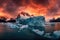 dramatic panorama of a glacier calving during sunset