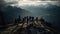 A dramatic photo of a group of people standing on a mountaintop with a stunning view of surrounding created with Generative AI