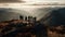 A dramatic photo of a group of people standing on a mountaintop with a stunning view of surrounding created with Generative AI