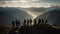 A dramatic photo of a group of people standing on a mountaintop with a stunning view of surrounding created with Generative AI