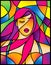 Dramatic portrait attractive girl with styling violet hair in stained glass style