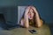 Dramatic portrait scared and stressed Asian Korean teen girl or young woman with laptop computer and mobile phone suffering cyber