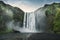 Dramatic of powerful Skogafoss waterfall with skoga river flowing from cliff on summer in Iceland