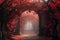 Dramatic red foliage archway in misty setting