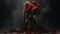 Dramatic Red Roses On Dark Surface: A Somber Religious Artwork