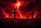 Dramatic religious background - hell realm, bright lightnings in dark red