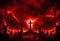 Dramatic religious background - hell realm, bright lightnings in dark red