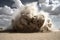 dramatic sand explosion, with clouds of dust and debris flying into the air