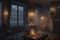 a dramatic scene of a candlelit living room with stormy weather outside, perfect for romance and storytelling