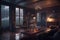 a dramatic scene of a candlelit living room with stormy weather outside, perfect for romance and storytelling