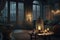 a dramatic scene of a candlelit living room with stormy weather outside, perfect for romance and storytelling