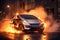 A dramatic scene in a city street, electric or hybrid no brand silver car is engulfed by intense orange flames from internal