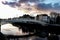 Dramatic scene Dublin night scene with Ha`penny bridge and Liffey river lights