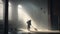 Dramatic scene of a lonely elderly man cleaning an old, dusty, empty room with sunlight streaming in through the window