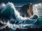 A dramatic seascape with crashing waves against rugged cliffs, the power of the ocean Generated by Ai