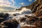 Dramatic Seascape with Crashing Waves on Rocky Shore, AI Generated