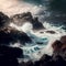 Dramatic seascape with stormy ocean waves crashing on rocks.