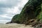 dramatic shot of green cliff on ocean coastline on cloudy day, Piha beach,