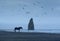 Dramatic Shot with Lonely Horse on Kunashir island with Devil`s Finger on Background