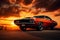 Dramatic shot of muscle car against backdrop of vibrant sunset. Generative AI