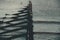 Dramatic shot of a wooden breakwater found at Hornsea Beach, East Yorkshire, UK.