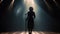 Dramatic Silhouette of a Female Singer on Stage Next To The Microphone Under The Lights - Generative AI