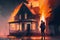 Dramatic silhouette of man in front of burning house