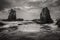 Dramatic skies above coastal sea stacks