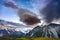 Dramatic sky and clouds with green grass in Mount Cook National Park