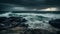 Dramatic sky and crashing waves at waters edge, a storm generated by AI