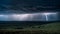 Dramatic sky with forked lightning illuminates dark rural landscape generated by AI