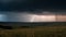 Dramatic sky with forked lightning illuminates wet rural landscape generated by AI