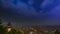 Dramatic sky and lightning storm over the city of Graz and the famous clock tower on Shlossberg hill, Graz, Styria region, Austria