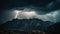 Dramatic sky over majestic mountain peak, forked lightning strikes generated by AI