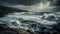 Dramatic sky over rough seas, crashing waves in ominous storm generated by AI