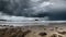 Dramatic sky over wet sand, storm brewing generated by AI