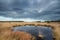 Dramatic sky by a pond in National Park Hautes Fagnes in Belgium.