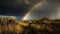 A dramatic sky with rolling storm clouds and a rainbow in the distance created with Generative AI