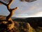 A dramatic sky after a stormy day, this twisted arbutus tree trunk stands strikingly atop the bluff overlooking the ocean