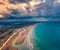 Dramatic spring seascape of Adriatic sea. View from flying drone of sunset on Semanit beach.