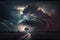 Dramatic Storm clouds with lightning strikes and dark atmosphere. Giant Storm with heavy dark skies and thunferstorm lightning