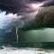 Dramatic storm at sea with vivid lightning. Generative AI