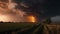 A dramatic storm at sunset producing a powerful tornado countryside with sheet lightning