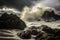 Dramatic Stormy Sea with Waves Breaking on Rocky Shore and Dark Ominous Clouds Overhead