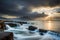 A dramatic, stormy seascape, with waves crashing against a rocky shore