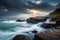 A dramatic, stormy seascape, with waves crashing against a rocky shore