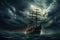 dramatic stormy sky above a ghostly ship