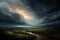 Dramatic stormy sky over the river. 3d rendering