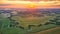 Dramatic summer sunrise. Panorama misty landscape. Foggy Morning on river aerial view