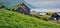 Dramatic summer view of Kirkjubour village with turf-top houses, Faroe Islands,  Denmark
